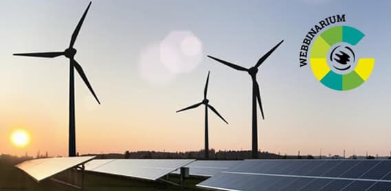 Solcellspark med vindkraftverk i bakgrunden