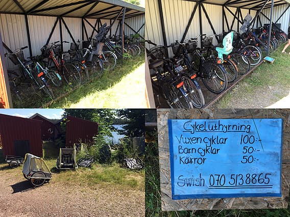 Fyra bilder på Brommös cykeluthyrning