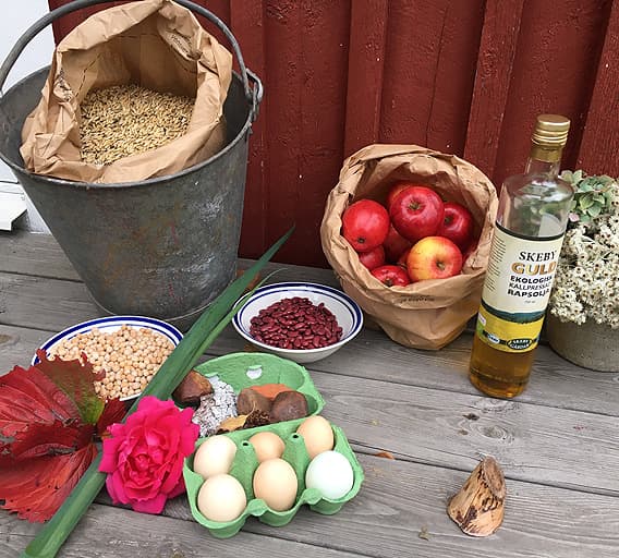 Råvaror uppställda på ett bord