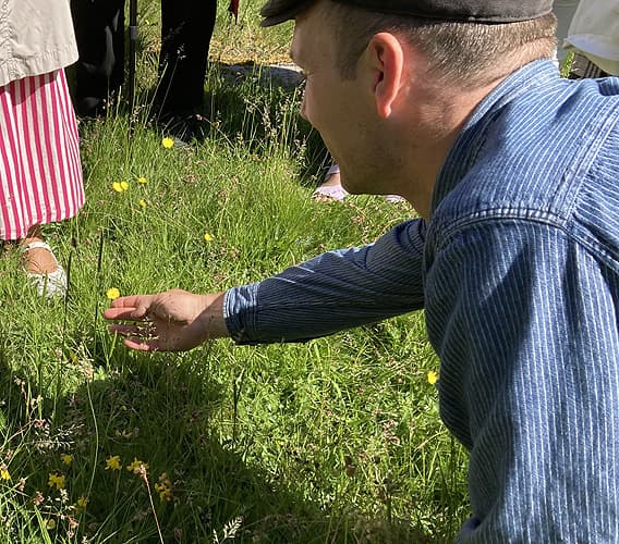 Ledaren visar en blomma på marken