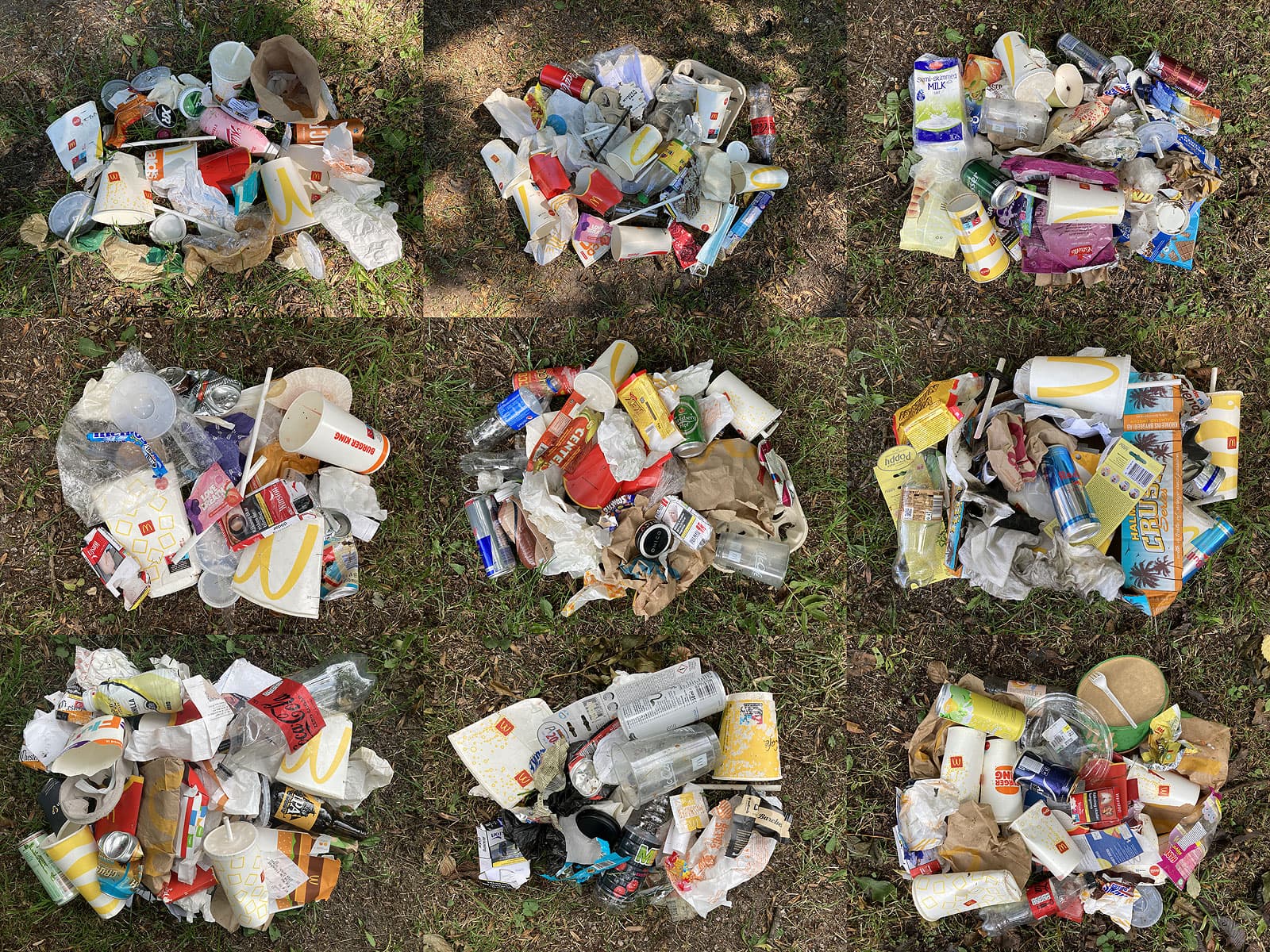 Nio bilder på skräp i ett kollage