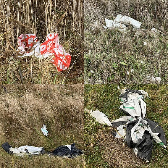Fyra bilder med skräp i vassen