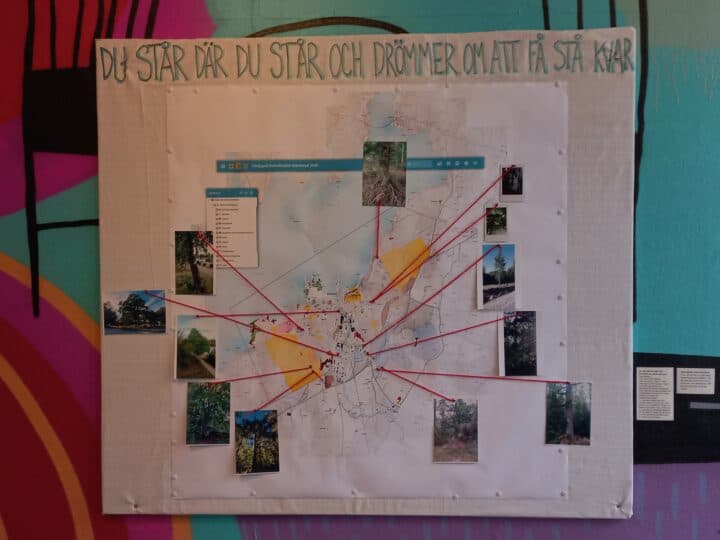 Bilder på träd utpekade på karta.