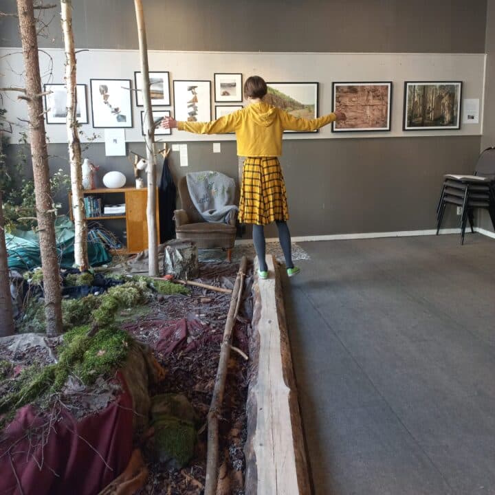 Uppbyggd skog och hårdgjord mark som en del av utställningen "Den s.k. utvecklingen" inne på det ...