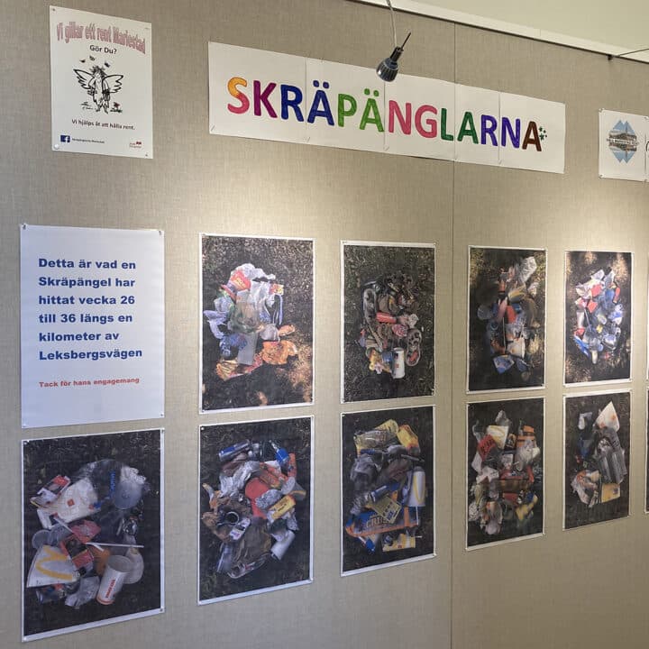 Anslagstavla med elva A3-utskrifter som visar skräp