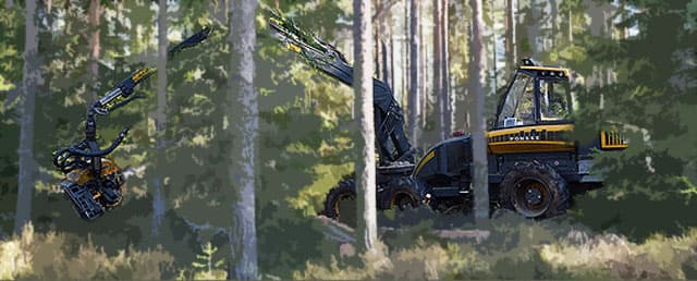 En illustration som är delvis grafisk. I grunden är det ett foto på en skördare i skogen. Skördaren ...