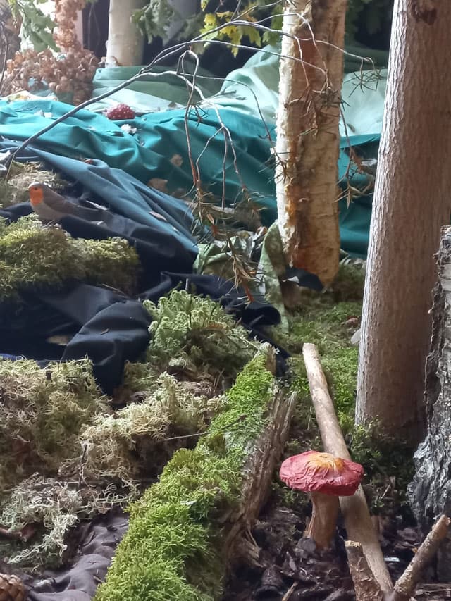 Svamp och rödhake av trä i utställningsskogen på K.