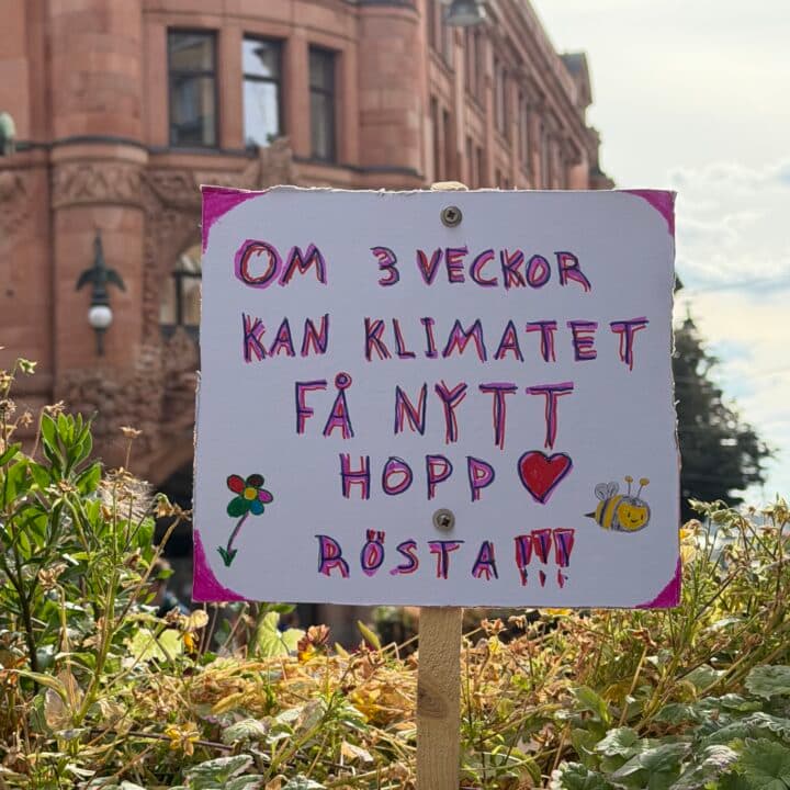 Plakat från klimatdemonstration med texten: "Om 3 veckor kan klimatet få nytt hopp. Rösta!"